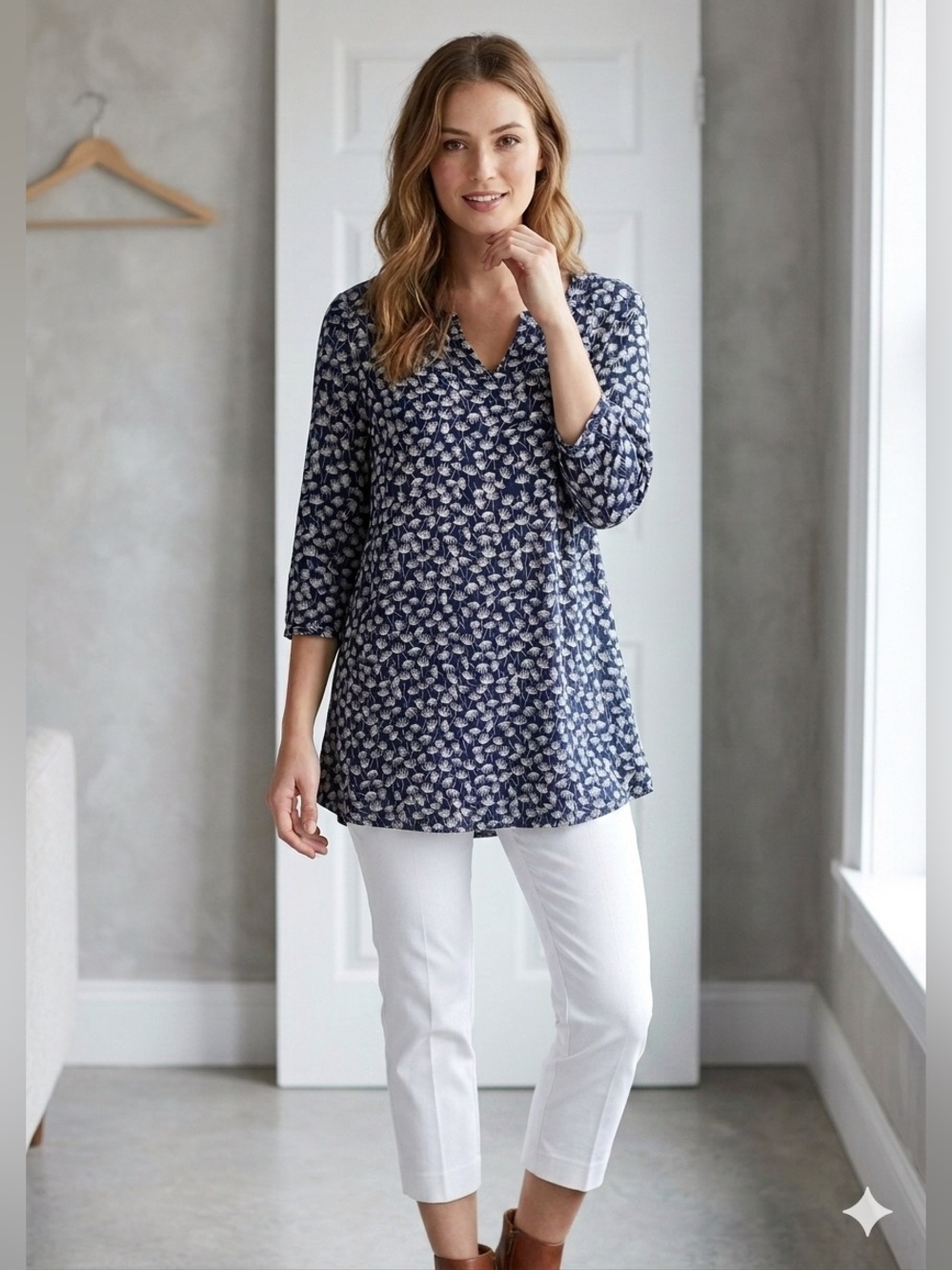 Komil Women’s Large Blue White Arsty Floral Tunic Top 100% Cotton Lagenlook L
